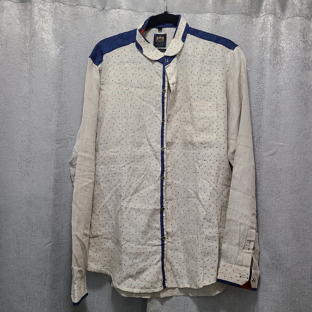 100% Linen Cream and Blue‎ Men's Button-Down Shirt XL Slim Fit